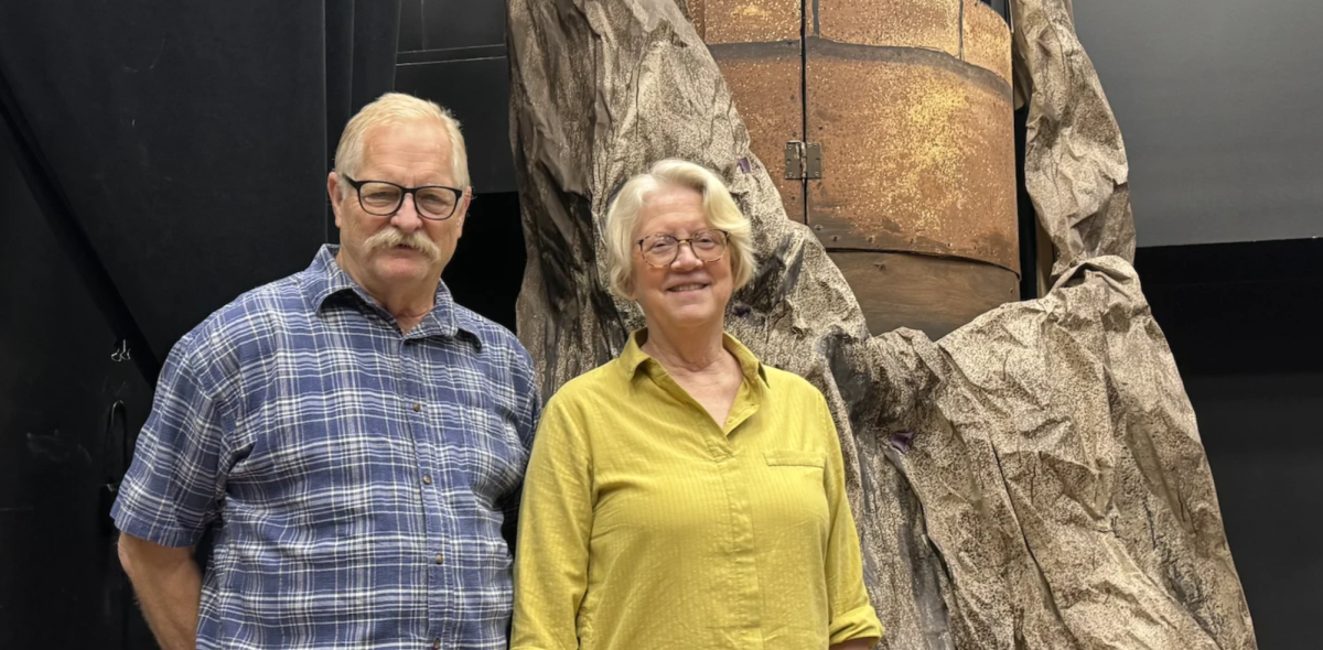 Fultz (left) and Owhonda (right) in front of a tower they constructed for "Into the Woods." Photo credited to Ellie Griffin.